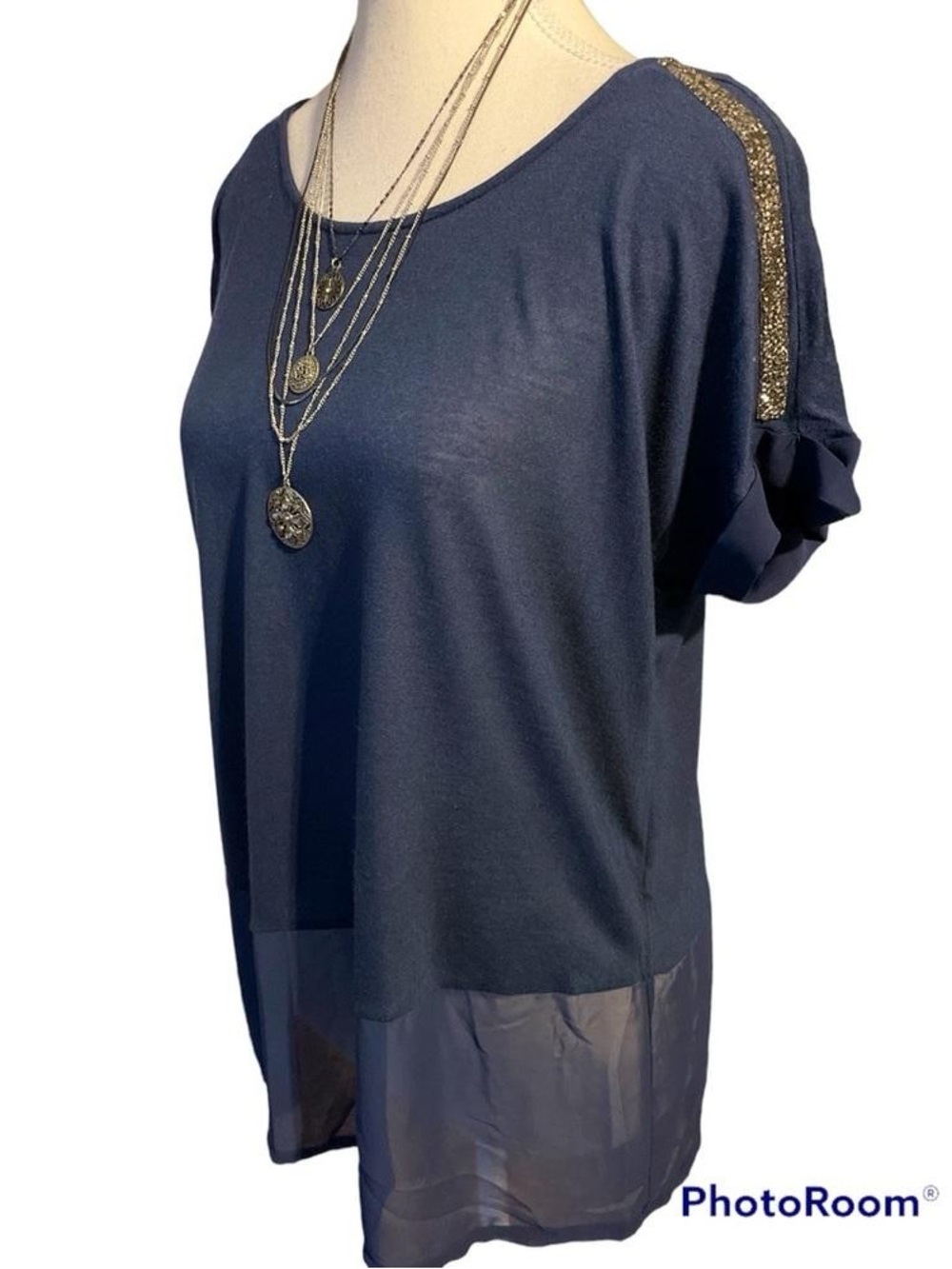 Women's Navy Blue Short Sleeve Top with Gold Shoulder Detail